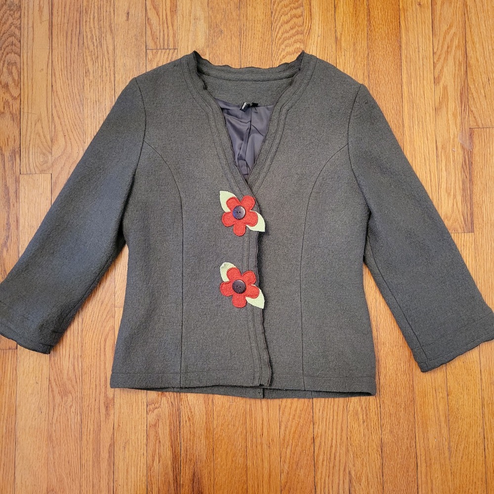Ambition M Green Boiled Wool V Neck‎ Blazer Jacket 70s Flower Detail Retro